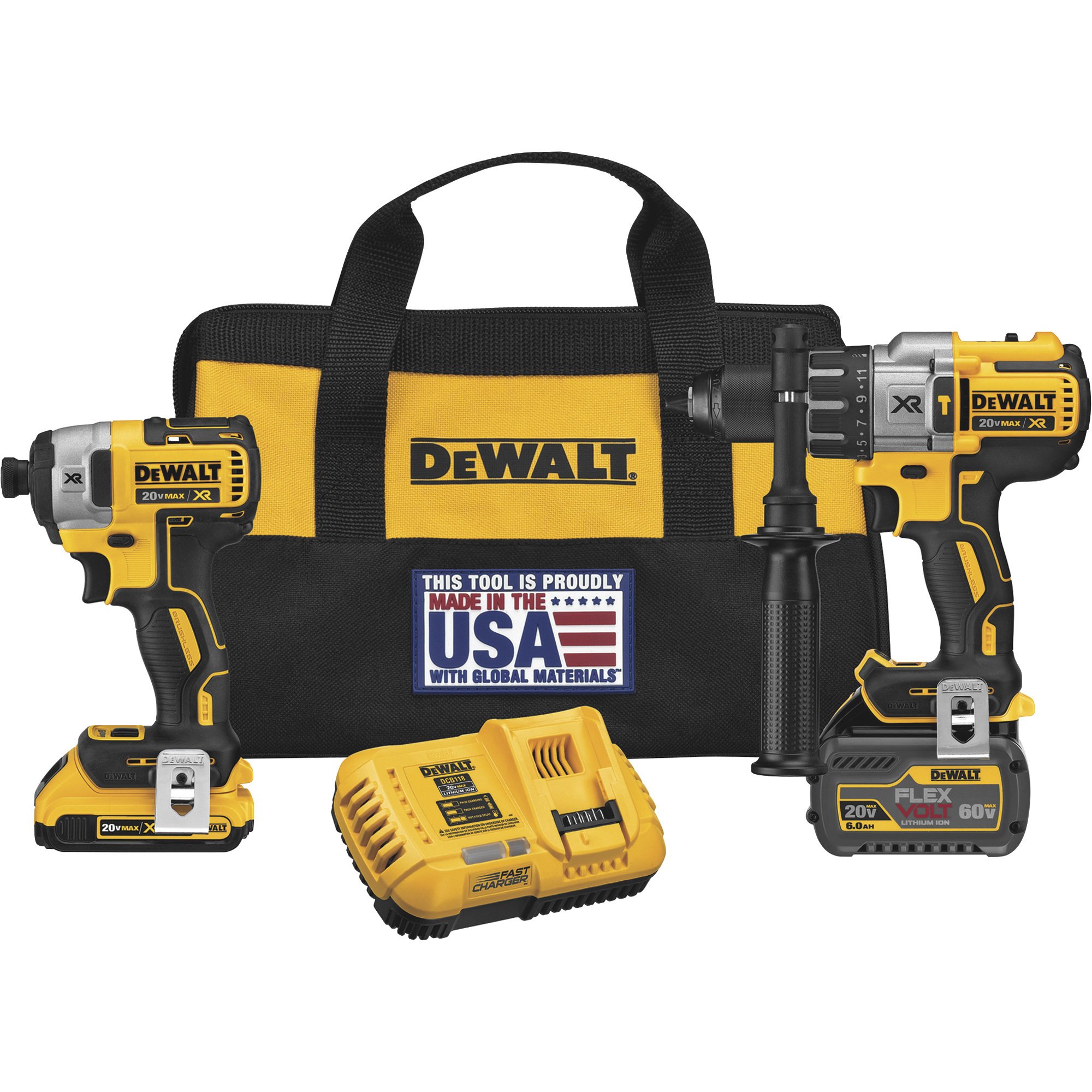 DEWALT FlexVolt 20V/60V MAX Li-Ion Cordless Power Tool Set — 1/2in. Hammerdrill and 1/4in. Impact Driver, 2 Batteries, Model# DCK299D1T1
